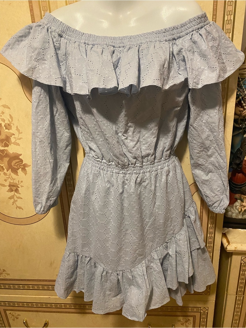 Michael Kors Pale Blue Off-Shoulder Eyelet Ruffle Dress